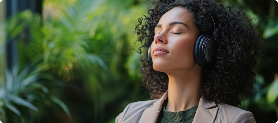 femme yeux fermée ecoute de la musique