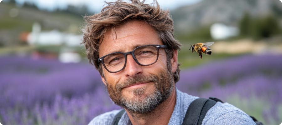 homme campagne lunettes et abeille